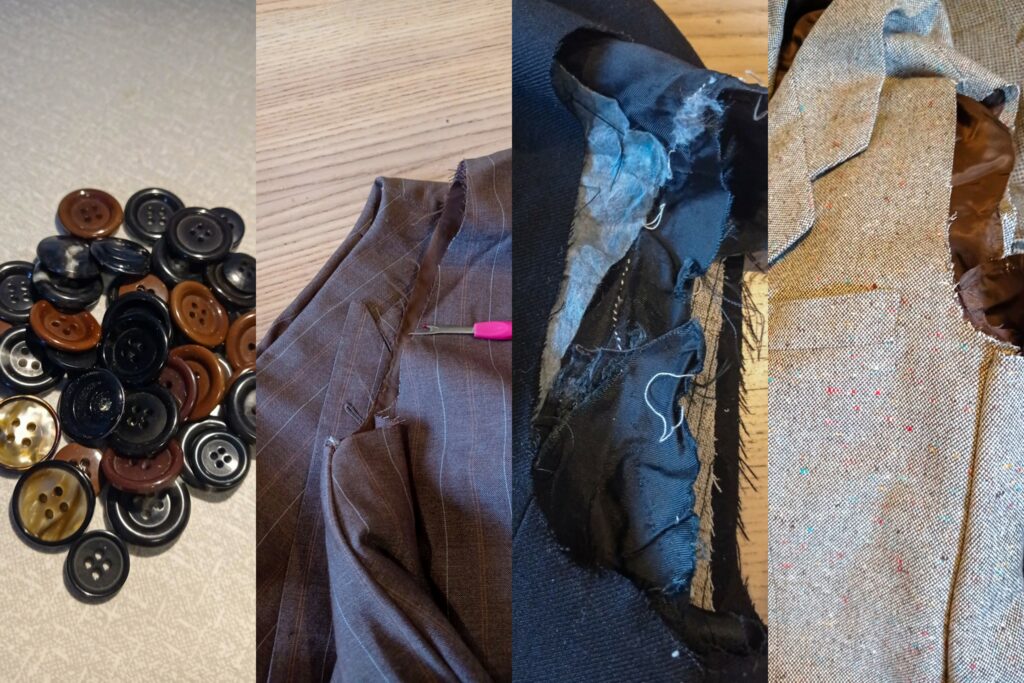 Montaje de 4 fotos: En la primera botones sobrantes de chaquetas. La segunda es una chaqueta en proceso de ser descosida. Las dos últimas son chaquetas con las mangas descosidas.
